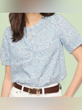 J Crew Blue Floral Smocked Button Up Blouse XXL Linen Cotton Puff Sleeve Shirt